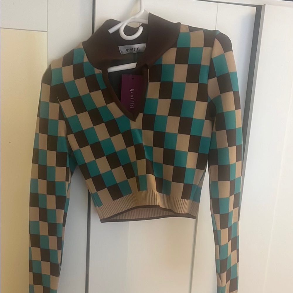 Sandro Checkered Knit Sweater - Brown and Teal